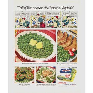 1950 Birds Eyes Green Peas Vintage Print Ad Thrifty Tilly Cartoon 50s Wall Art